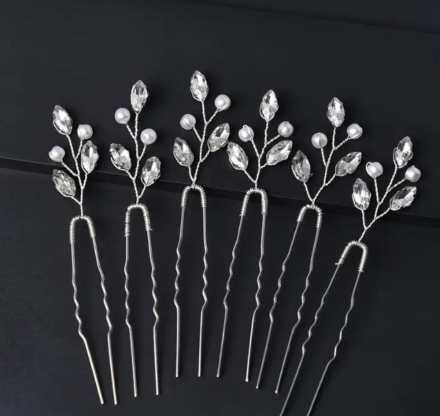 Haarklammer Silber mit Perlen und Strass (5 Stk)