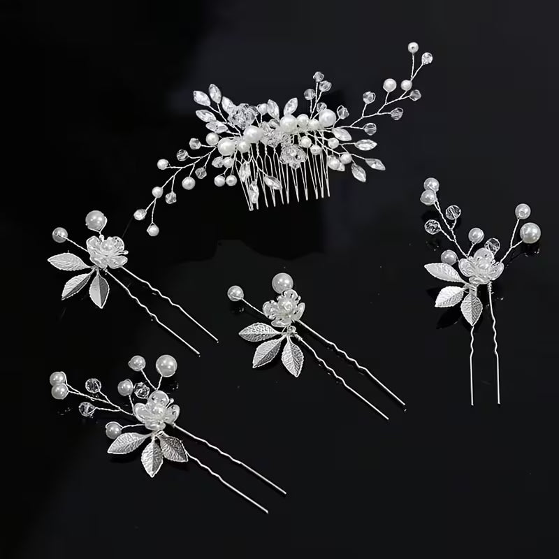 5er-Set Hochzeits-Haarkämmchen mit Strassblumen