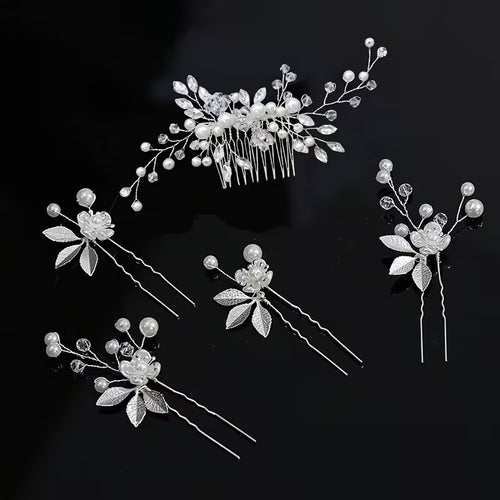 5er-Set Hochzeits-Haarkämmchen mit Strassblumen