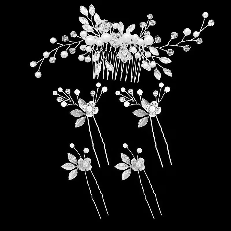 5er-Set Hochzeits-Haarkämmchen mit Strassblumen
