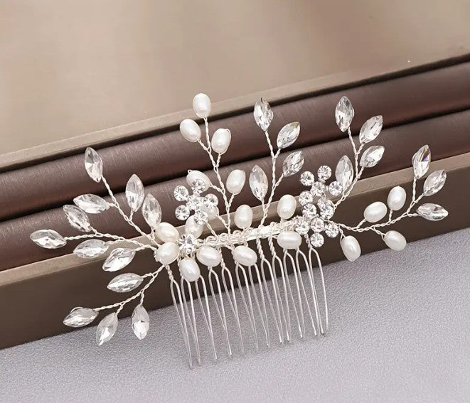 Haarschmuck Silber mit Perlen und Strass